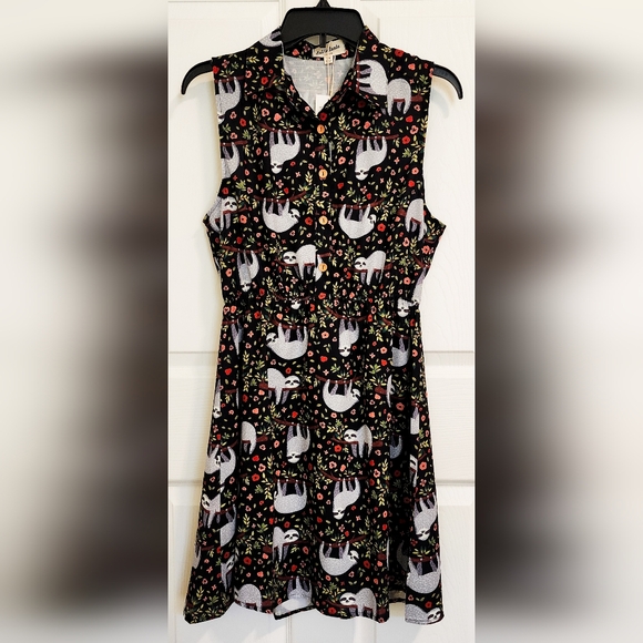 Fun Forest Woodland Sloth Animal Print Midi Dress, Size M - Picture 6 of 12